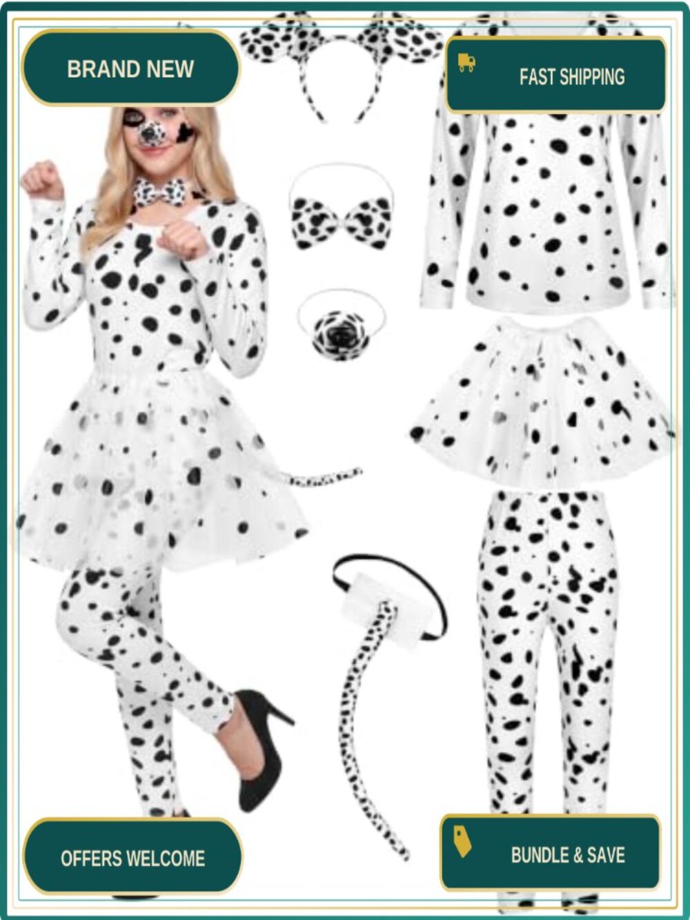 Dalmatian Dog Costume Set 8 Piece Women Halloween Cosplay Long Sleeve